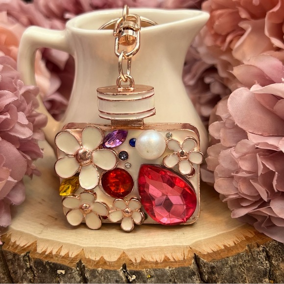 Pink Crystal Flower Perfume Bottle Keychain Charm - Picture 2 of 16